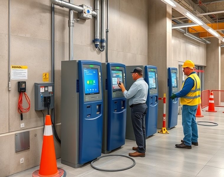 Técnico realizando el mantenimiento de un terminal de autoservicio