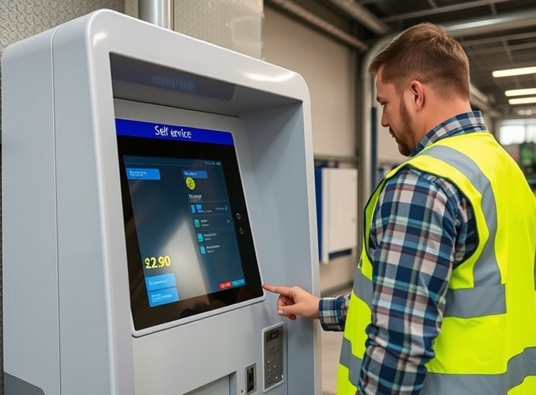 Técnico realizando el mantenimiento de un terminal de autoservicio